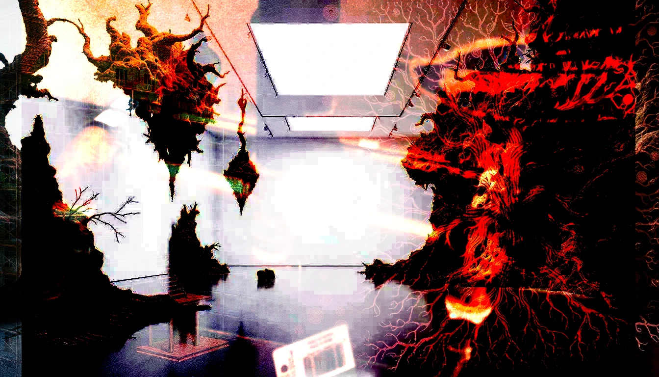 A white gallery being consumed by organic forms — too alive for the space containing it