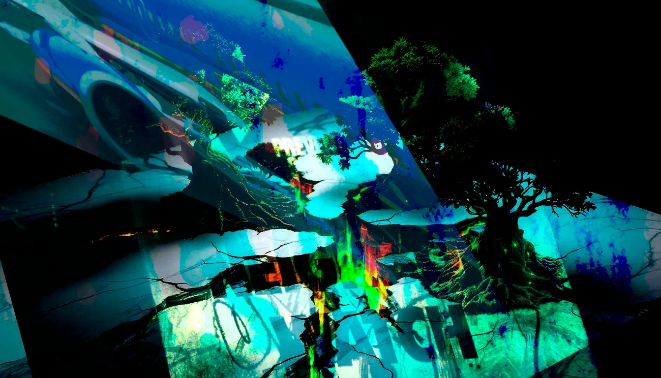 Trees erupting through cracked marble — the organic breaking through the corporate surface